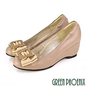 【GREEN PHOENIX】女 楔型鞋 蝴蝶結 全真皮 足弓氣墊 台灣製 JP22.5 卡其色