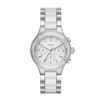 DKNY 精緻雅典娜三眼時尚腕錶-銀x雙材質錶帶