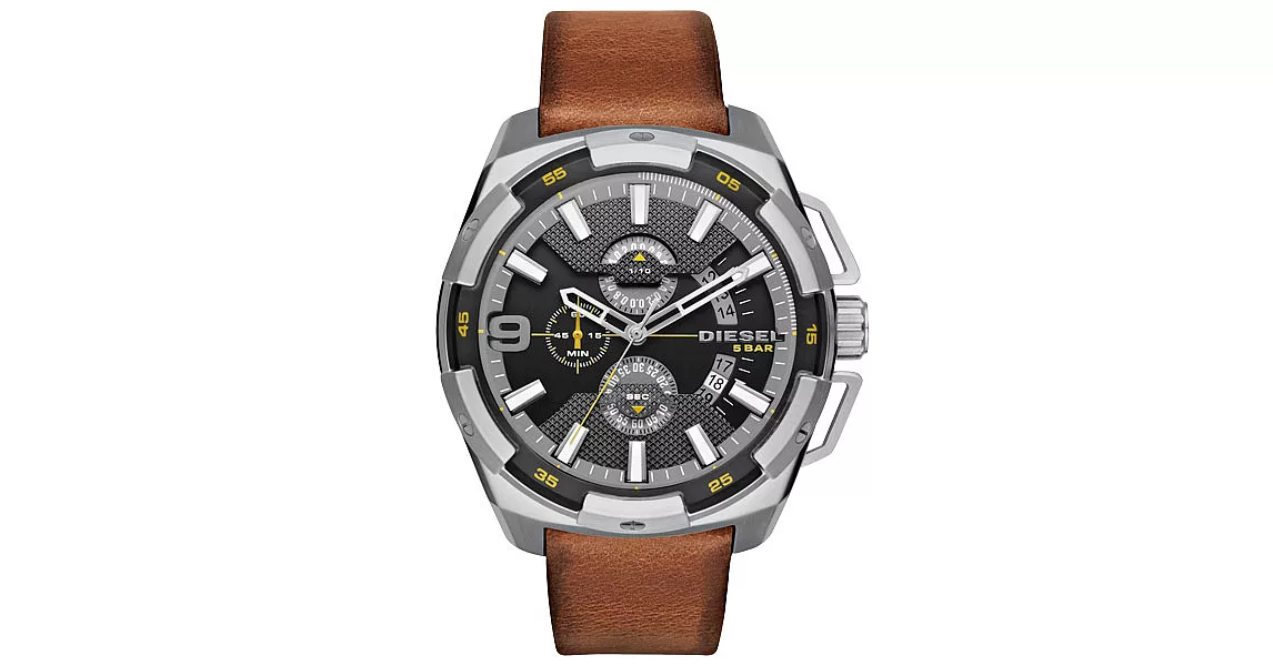 DIESEL 數度空間三眼計時時尚男錶-鐵灰x咖啡錶帶