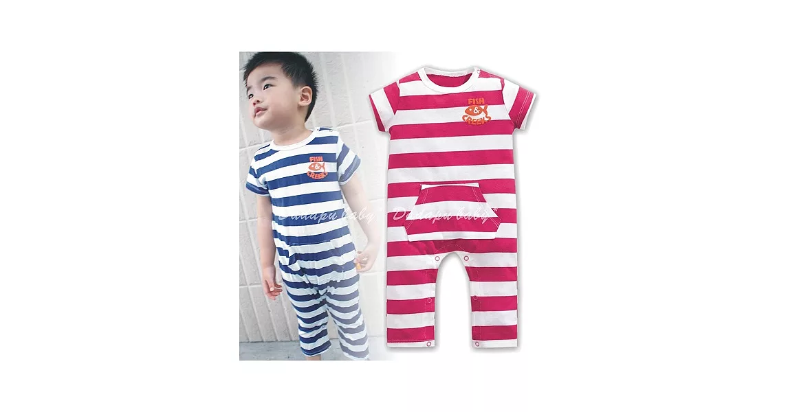 條文哈衣 短袖長褲哈衣 軟綿 圓領 肩扣 肩釦 包臀衣 連身衣 平腳衣 爬服6M玫紅條紋