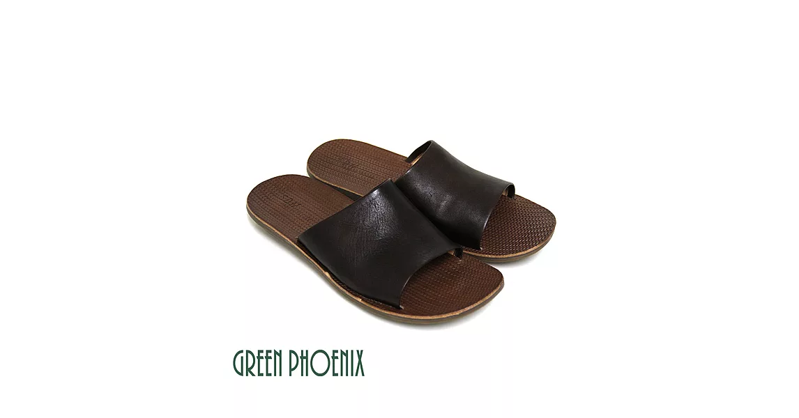 ◤Green Phoenix◥全真皮耐磨壓編織紋室內外兩用平底男拖鞋L咖啡色