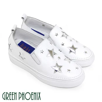 ◤Green Phoenix◥BIS-VITAL 金屬光感星星義大利小牛皮內增高休閒鞋36.5白色