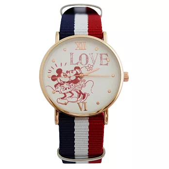 Disney 授權迪士尼系列 英倫風格多種顏色休閒帆布錶帶搭配玫金錶框-米奇米妮