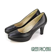 【GREEN PHOENIX】女 高跟鞋 全真皮 圓頭 OL通勤 上班 面試 台灣製 JP24 黑色
