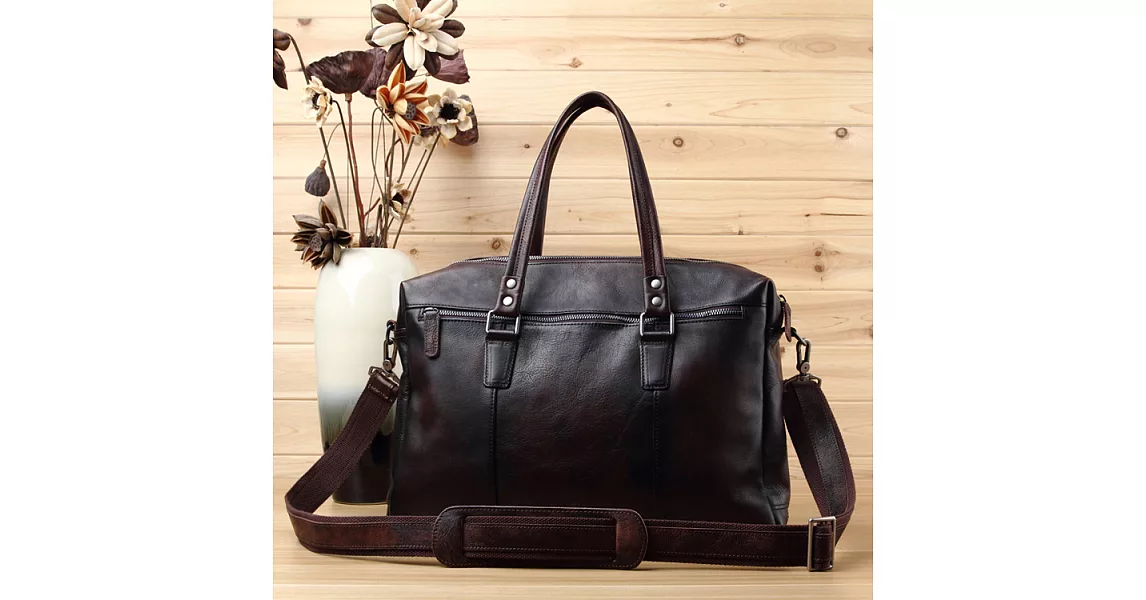 【Solomon 原創設計皮件】穿梭 真皮輕量公事包 旅行包咖啡