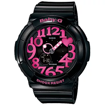 【CASIO】卡西歐 BABY-G系列 活潑霓虹愛心造型電子錶 (黑/桃紅 BGA-130-1B)