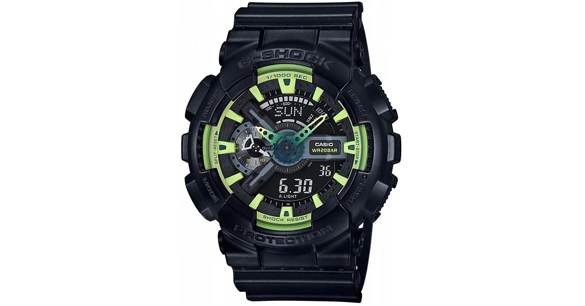 【CASIO】卡西歐 G-SHOCK系列 活力多層次抗磁雙顯電子錶 (萊姆綠 GA-110LY-1A )