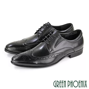 【GREEN PHOENIX】男 紳士皮鞋 商務皮鞋 牛津鞋 雕花 綁帶 全真皮 EU45 黑色