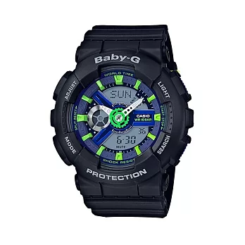 【CASIO】卡西歐 BABY-G系列 動感繽紛潮流雙顯電子錶 (黑/螢光綠 BA-110PP-1A )