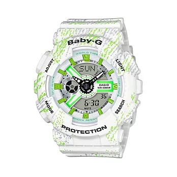 【CASIO】卡西歐 BABY-G系列 霧狀蠟筆紋時尚雙顯電子錶 (白/螢光綠 BA-110TX-7A )