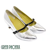 【GREEN PHOENIX】女 高跟鞋 瑪莉珍鞋 國際精品 復古 直條紋 義大利小羊皮 尖頭 EU38 銀色