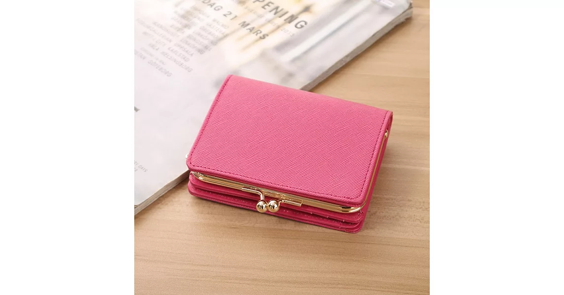 【Solomon皮件】童話真皮壓紋直式短夾 口金包-桃色