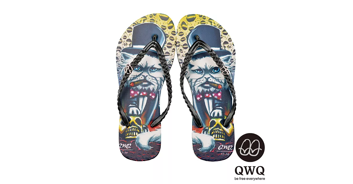 QWQ夾拖的創意(女) - 貓咪塗鴨 Cat Godfather側鑽鍊夾腳拖鞋 -EU35黑心黑