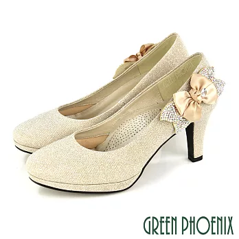 【GREEN PHOENIX】女 高跟鞋 婚鞋 宴會鞋 蝴蝶結 花 水鑽 金蔥 全真皮 防水台 台灣製 JP22.5 金色