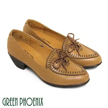 【GREEN PHOENIX】女 牛津鞋 粗跟 花邊 雷射雕花 綁帶 全真皮 EU36 棕色