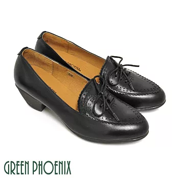【GREEN PHOENIX】女 牛津鞋 粗跟 花邊 雷射雕花 綁帶 全真皮 EU40 黑色