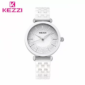 KEZZI珂紫 KW-1439 圖騰花紋典雅指針仿陶瓷手錶- 銀色