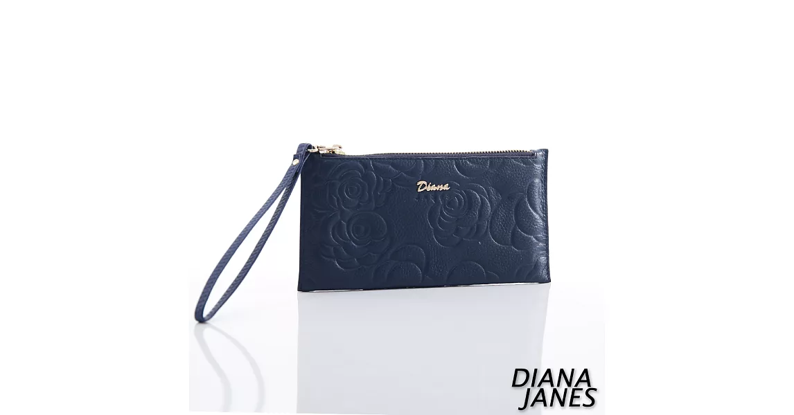 Diana Janes 牛皮 玫瑰壓花鈔票夾-藍