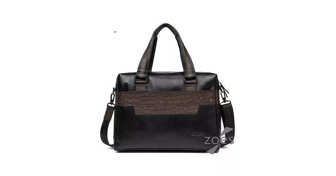 【Zoe’s】頂級牛皮 鴕鳥紋 手提斜背 兩用公事包(紳士黑)