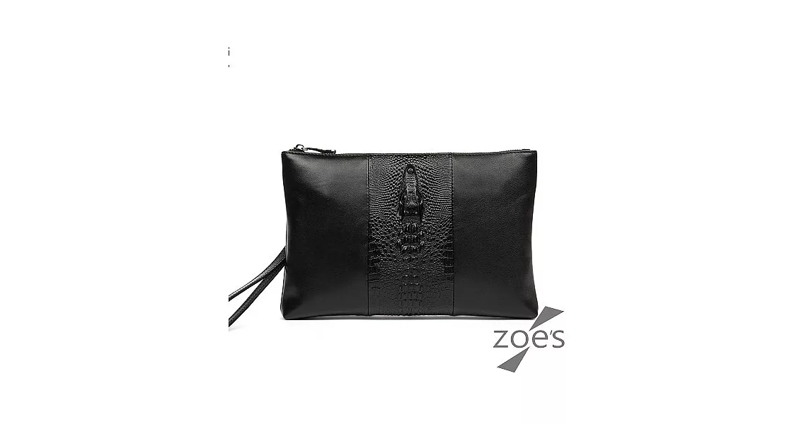 【Zoe’s】頂級牛皮 雙壓紋 洽公拉鍊手拿包(紳士黑)