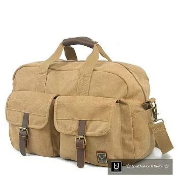 【US.STYLE】旅行袋大容量旅行包帆布配真皮手提建身運動包(卡其棕)