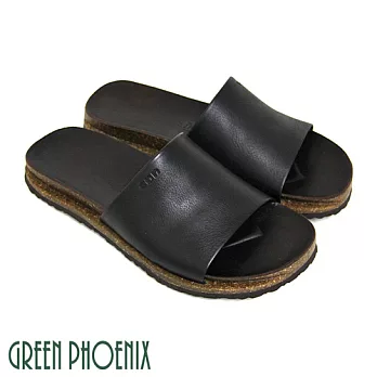 【GREEN PHOENIX】男 拖鞋 素面 寬版帶 全真皮 平底 台灣製 EU39 黑色