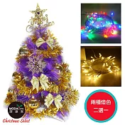 【摩達客】台灣製2尺(60cm)特級紫色松針葉聖誕樹 (金色系配件)+LED50燈彩色燈串(插電式透明線) (本島免運費)四彩光