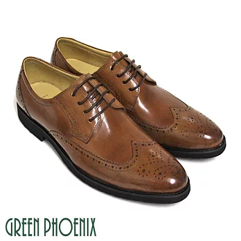 【GREEN PHOENIX】男 紳士皮鞋 德比鞋 商務皮鞋 漸層 渲染 雷射雕花 綁帶 全真皮 EU39 棕色