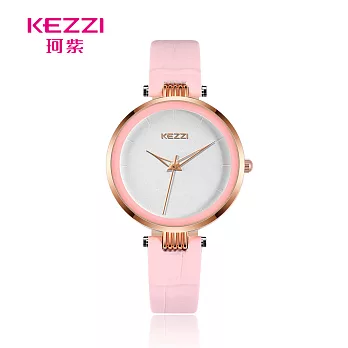 KEZZI珂紫 K-1820 素雅簡約玫色指針壓紋皮質錶帶手錶- 粉色