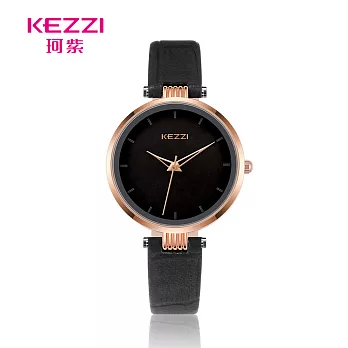 KEZZI珂紫 K-1820 素雅簡約玫色指針壓紋皮質錶帶手錶- 黑色