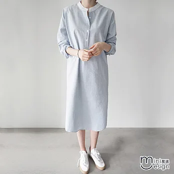 寬鬆條紋中山領中長款襯衫連身裙 藍色-mini嚴選-L*