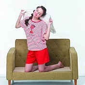 【皮爾卡登】可愛條紋貓短袖家居褲裝(兩色可選)F紅色衣褲組