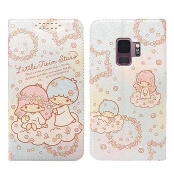 三麗鷗授權 Kikilala 雙子星 Samsung Galaxy S9 粉嫩系列彩繪磁力皮套(花圈) 有吊飾孔