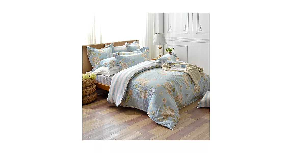 義大利La Belle 特大純棉防蹣抗菌吸濕排汗兩用被床包組-漫花依然