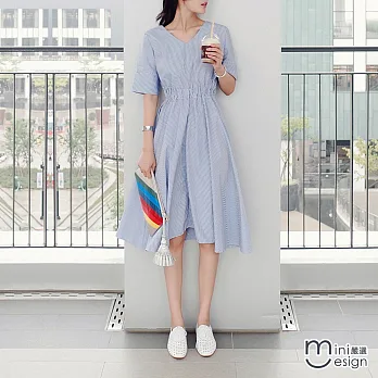 V領條紋中長連身洋裝 淺藍色-mini嚴選-S*