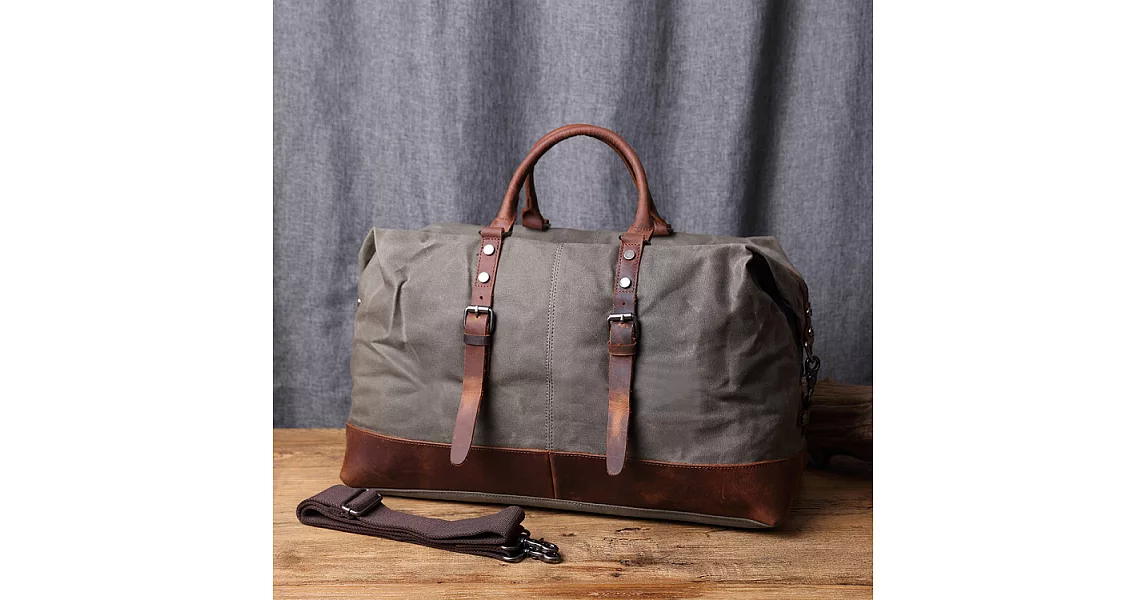 【Solomon皮件】防水帆布旅行包袋 機能帆布皮革大行李包 附背帶可肩背-棕綠