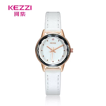 KEZZI珂紫 K-1774 小清新點鑽刻度星芒切玻皮帶錶- 白色