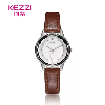 KEZZI珂紫 K-1774 小清新點鑽刻度星芒切玻皮帶錶- 咖色