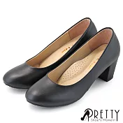 【Pretty】女 中跟鞋 粗跟 素面 OL通勤 上班 面試 台灣製 JP24 黑色