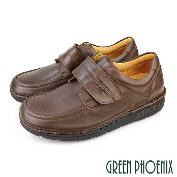 【GREEN PHOENIX】男 休閒皮鞋 素面 縫線 魔鬼氈 沾黏式 全真皮 台灣製 EU39 咖啡色