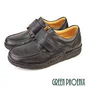 【GREEN PHOENIX】男 休閒皮鞋 素面 縫線 魔鬼氈 沾黏式 全真皮 台灣製 EU41 黑色