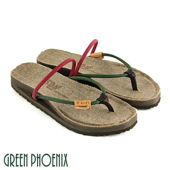 ◤Green Phoenix◥雙彩撞色麻布料真皮平底夾腳拖鞋EU35綠色