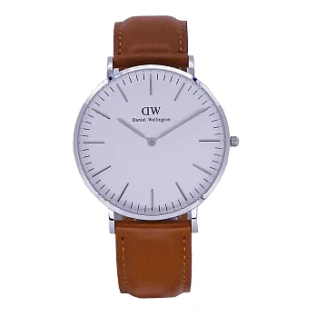 DW Daniel Wellington 經典中的獨特時尚優質麝香型咖啡皮革腕錶-銀殼/40mm-DW00100110