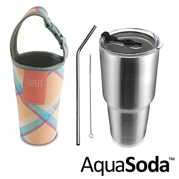 美國AquaSoda 304不鏽鋼雙層保溫保冰杯(含提袋超值組合)-菱格粉膚