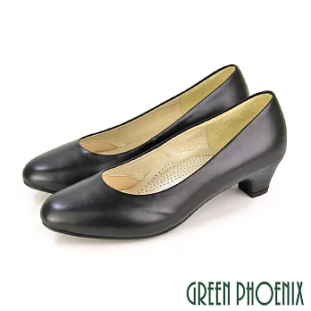 【GREEN PHOENIX】女 中跟鞋 粗跟鞋 全真皮 OL通勤 上班 面試 台灣製 JP22 黑色