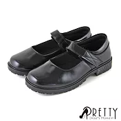 【Pretty】女 學生鞋 皮鞋 瑪莉珍 沾黏式 圓頭 低跟 台灣製 JP23 黑色