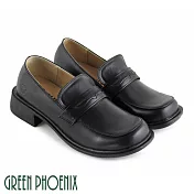 【GREEN PHOENIX】女 學生鞋 直套式 方頭 全真皮 低跟 台灣製 JP25.5 黑色