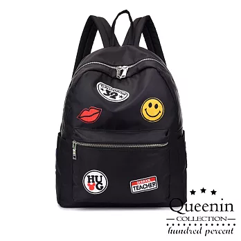 DF Queenin日韓 - 日系俏皮徽章熱銷款尼龍後背包-共2色黑色