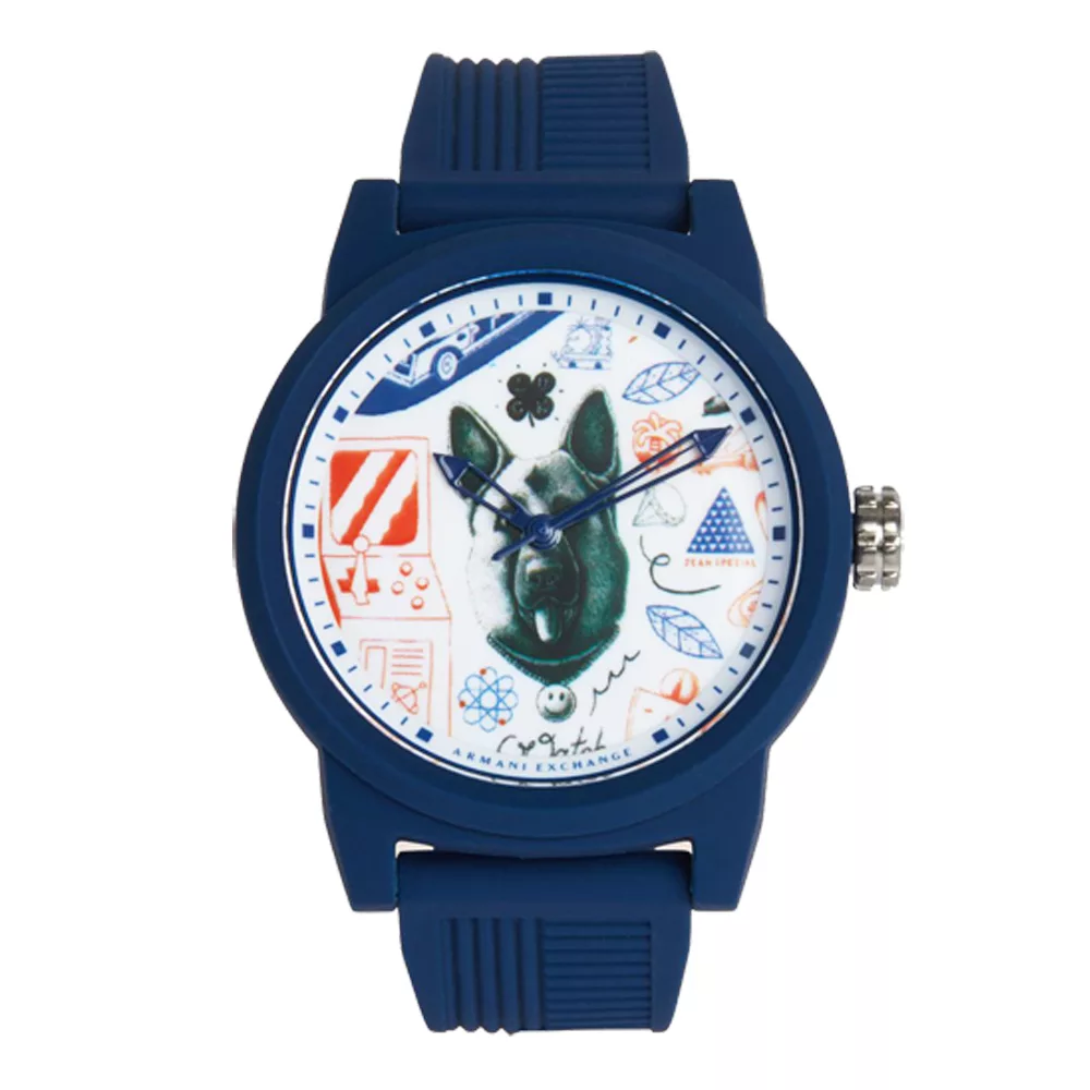 AX STREET ART系列ALEX LEHOURS潮流童趣狗頭設計手錶-藍-AX1448