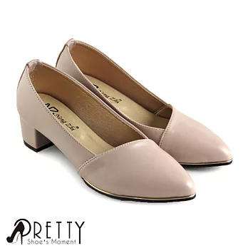 【Pretty】極簡中粗跟尖頭鞋JP23杏色